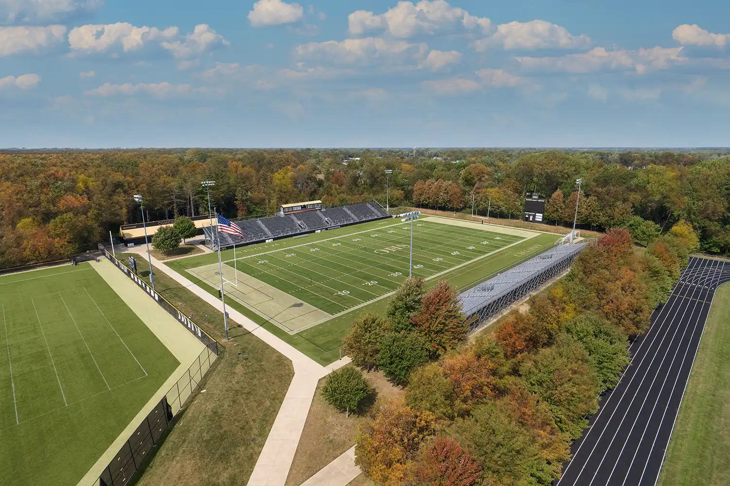 drone image of a football field.